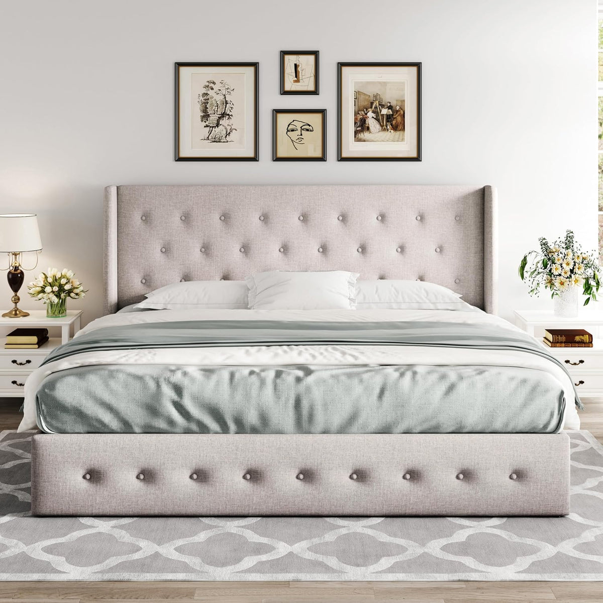 Allewie Queen Size Lift Up Storage Bed, Modern Wingback Headboard, Hydraulic Support, No Box Spring Needed, Light Beige