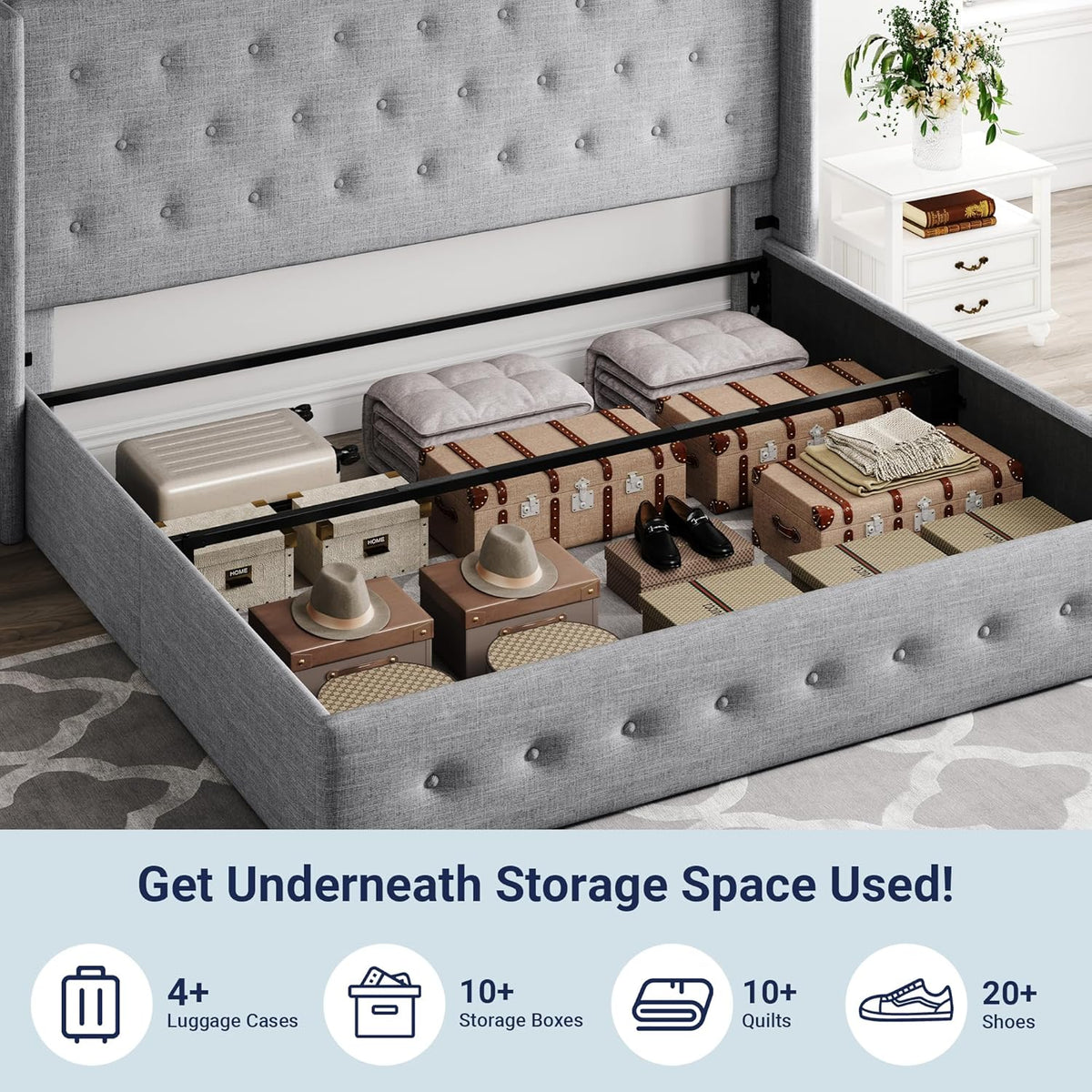 Allewie Queen Size Lift Up Storage Bed, Modern Wingback Headboard, Hydraulic Support, No Box Spring Needed, Light Beige