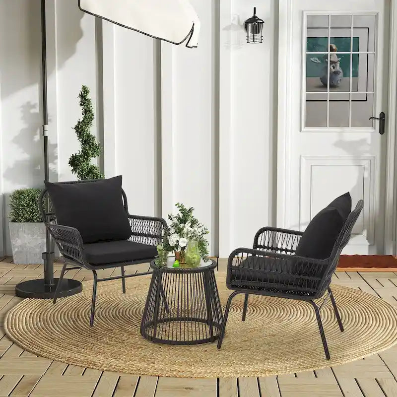 3-Piece Patio Conversation Bistro Set, Outdoor Rattan Furniture Set with Glass Table & 2 Wide Armchairs, Seat Cushions