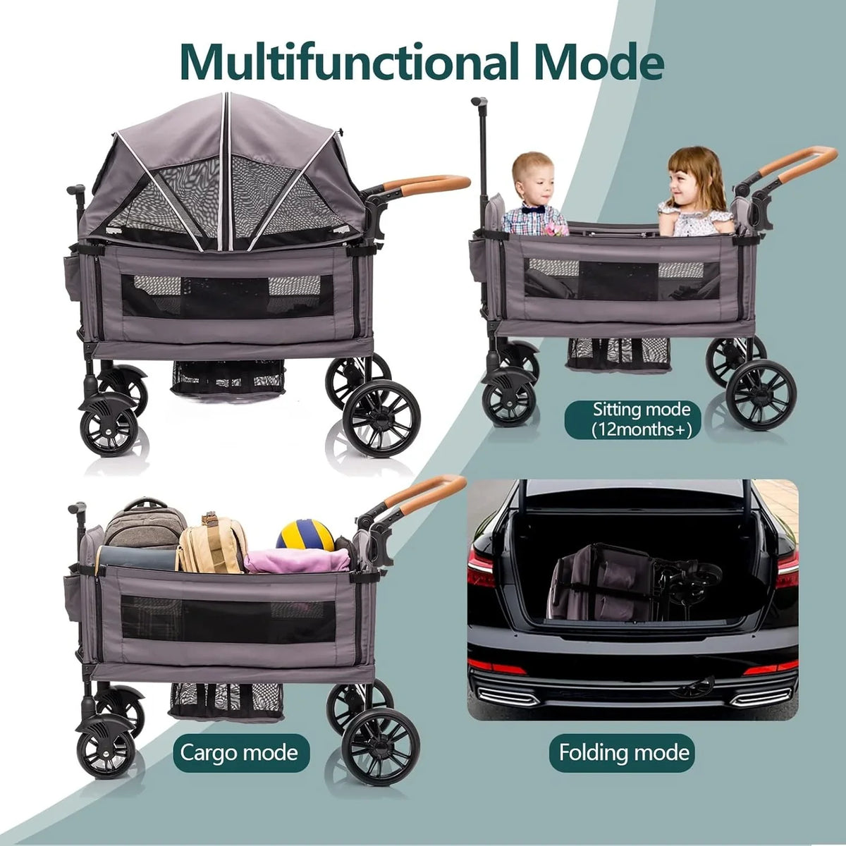 Wagon Stroller for 2 Kids & Cargo-Travel Stroller Push-Pull Double Wagon Lightweight Folding Stroller for Newborn&Toddler with 5-Point Harness,Adjustable Handle Bar and Canopy,Tray Table,Cup Holder