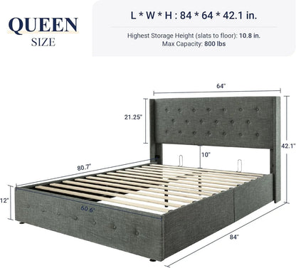 Allewie Queen Size Lift Up Storage Bed, Modern Wingback Headboard, Hydraulic Support, No Box Spring Needed, Light Beige