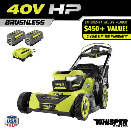 Ryobi 40V HP Brushless 21-in Self-Propelled AWD Lawn Mower – Whisper Series – Includes (2) 6.0Ah Batteries and Charger