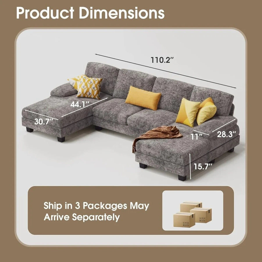 Furmax Sectional Couches For Living Room, U-Shaped Sofa Couch With Linen Fabric, 4 Seat Sofa Set With Double Chaise For Apartment, Fabric, Grey