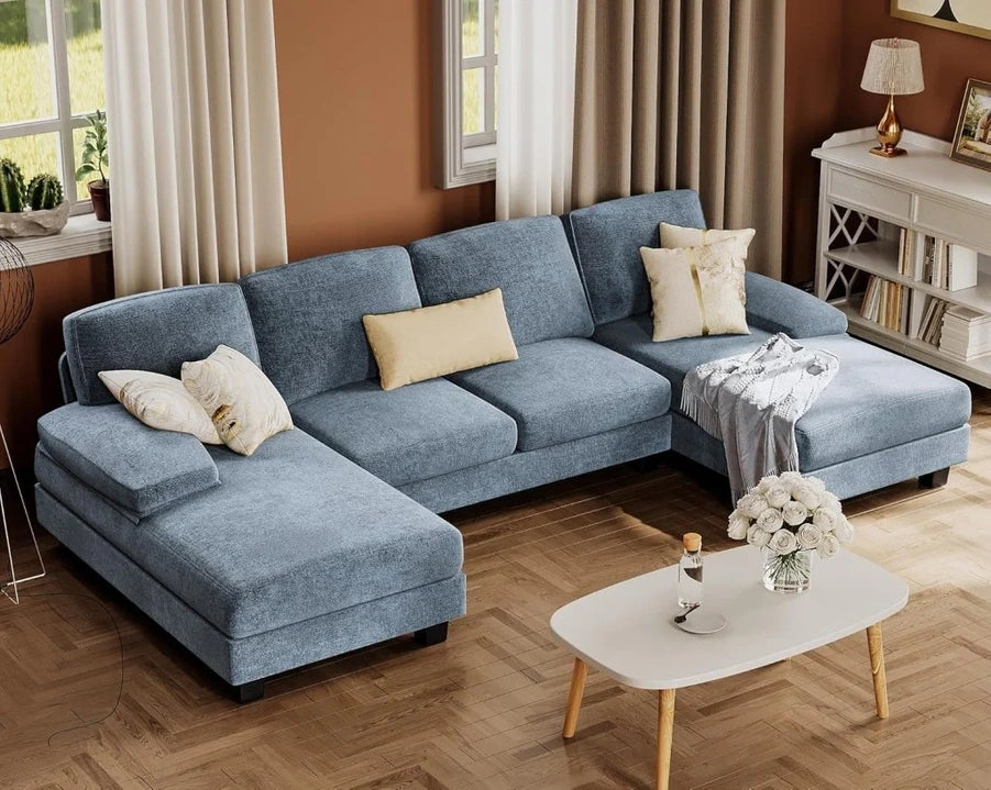 Furmax Sectional Couches For Living Room, U-Shaped Sofa Couch With Linen Fabric, 4 Seat Sofa Set With Double Chaise For Apartment, Fabric, Grey